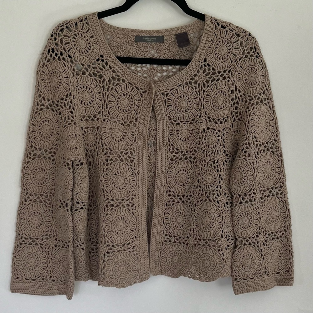Liz Claiborne Vintage Taupe Crotchet Cardigan Sweater, Size Medium